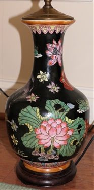 Pretty Chinese Vase Style Table Lamp with Chrysanthemum Flowers, Lotus Blossoms, and Lily Pads - Brass Fittings with Wood Base - Lamp Measures 30 Tall 