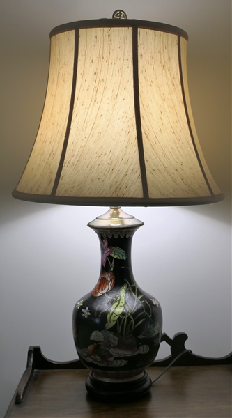 Pretty Chinese Vase Style Table Lamp with Chrysanthemum Flowers, Lotus Blossoms, and Lily Pads - Brass Fittings with Wood Base - Lamp Measures 30" Tall 