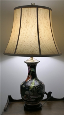 Pretty Chinese Vase Style Table Lamp with Chrysanthemum Flowers, Lotus Blossoms, and Lily Pads - Brass Fittings with Wood Base - Lamp Measures 30 Tall 