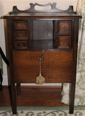 Mahogany Night Stand Cabinet - Open Gallery and Back Splash  - - Door Slides Up and Down - Table Measures 33 Tall 21 by 14  - Key is Bent 
