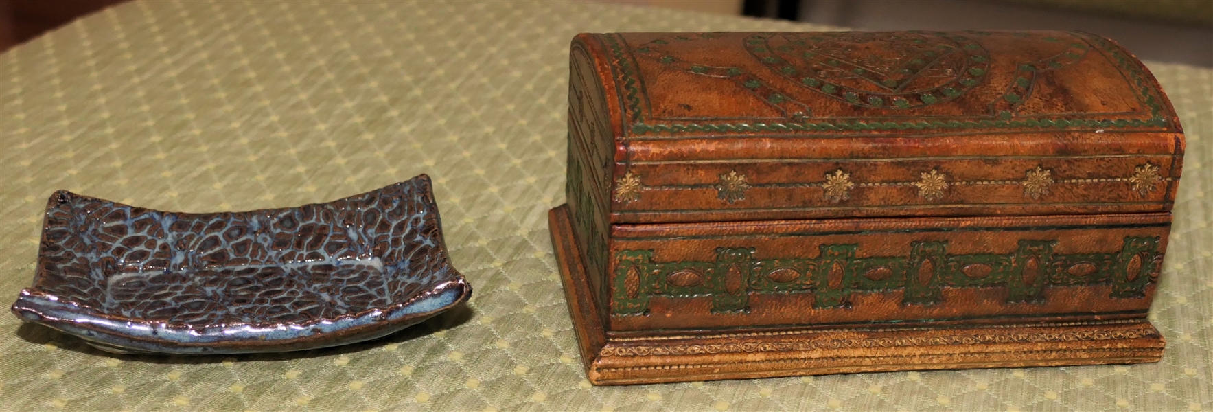 Embossed Leather "Treasure" Style Dresser Box and CD - 14 Art Pottery Soap Dish 