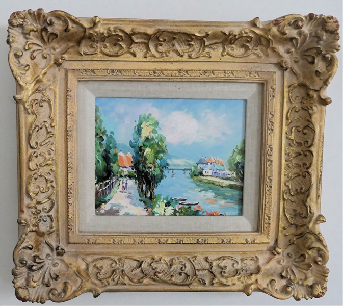 Pretty Bright Colorful Water Scene Oil on Canvas Painting - Artist Signature Under Frame - Framed in Ornate Gold Gilt Frames - Ruby Ansley On Back - Frame Measures 16 1/2" By 18" 