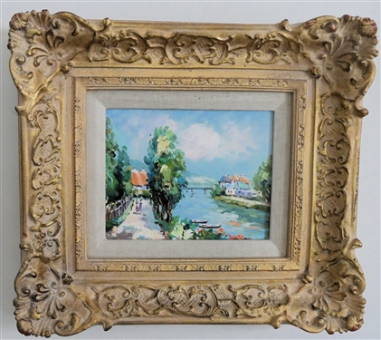 Pretty Bright Colorful Water Scene Oil on Canvas Painting - Artist Signature Under Frame - Framed in Ornate Gold Gilt Frames - Ruby Ansley On Back - Frame Measures 16 1/2 By 18 