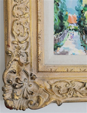 Pretty Bright Colorful Water Scene Oil on Canvas Painting - Artist Signature Under Frame - Framed in Ornate Gold Gilt Frames - Ruby Ansley On Back - Frame Measures 16 1/2 By 18 