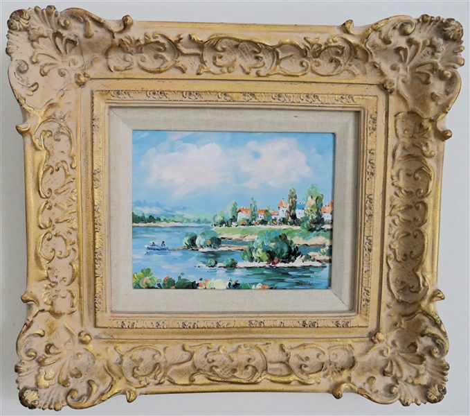Pretty Bright Colorful Water Scene Oil on Canvas Painting - Artist Signature Under Frame - Framed in Ornate Gold Gilt Frames - Ruby Ansley On Back - Frame Measures 16 1/2" By 18" 