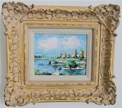 Pretty Bright Colorful Water Scene Oil on Canvas Painting - Artist Signature Under Frame - Framed in Ornate Gold Gilt Frames - Ruby Ansley On Back - Frame Measures 16 1/2 By 18 