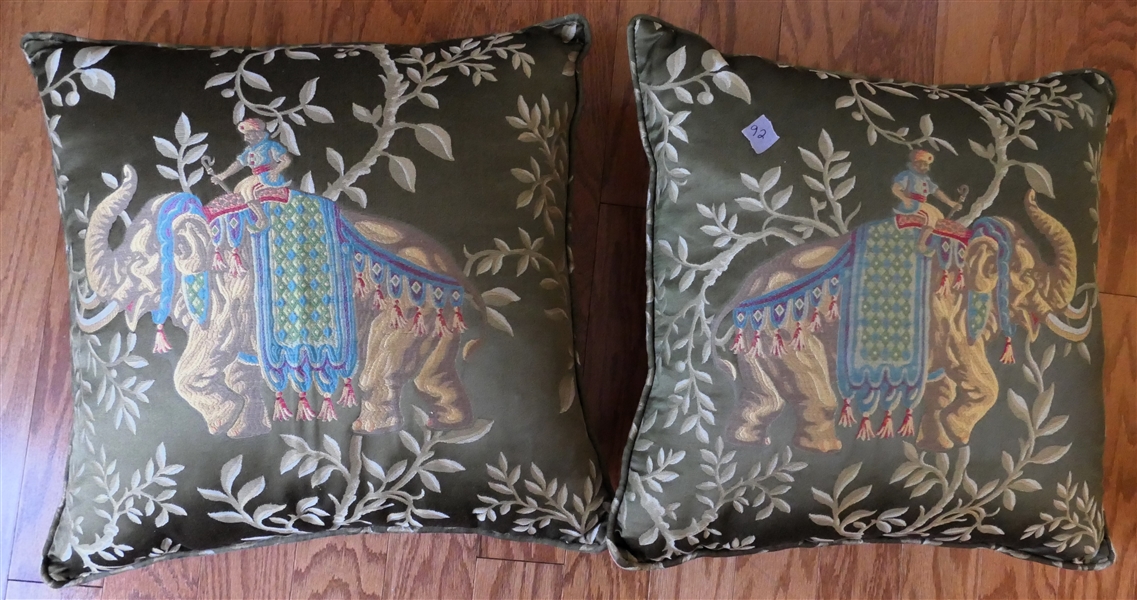 Pair of Beautiful Satin Tapestry Style Elephant Throw Pillow with Pink Satin Back - Pillow Measures 18" By 18" 