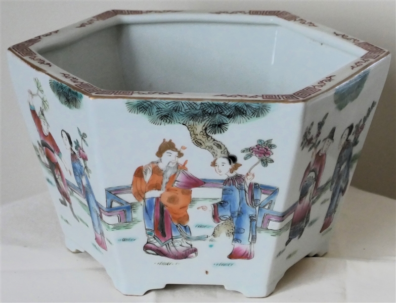 Pretty Hexagon Shaped Asian Planter with Men and Women -  Planter Measures 6" Tall 11" Across