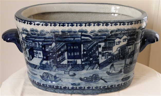 Blue and White Canton Harbor Scene Oblong Foot Bath Planter with Blue Sailing Ships Inside - Crackle Finish - Measures 8 tall 15 by 10 