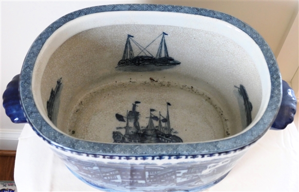 Blue and White Canton Harbor Scene Oblong Foot Bath Planter with Blue Sailing Ships Inside - Crackle Finish - Measures 8 tall 15 by 10 