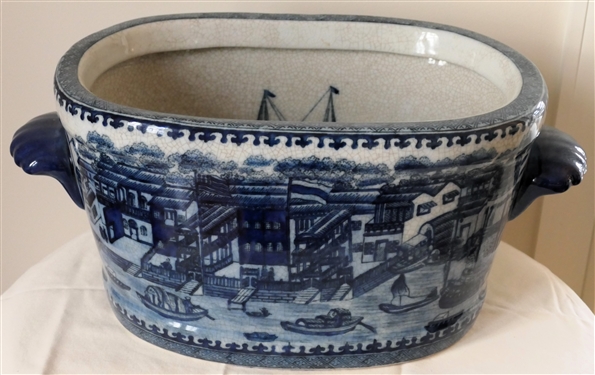 Blue and White Canton Harbor Scene Oblong Foot Bath Planter with Blue Sailing Ships Inside - Crackle Finish - Measures 8 tall 15 by 10 