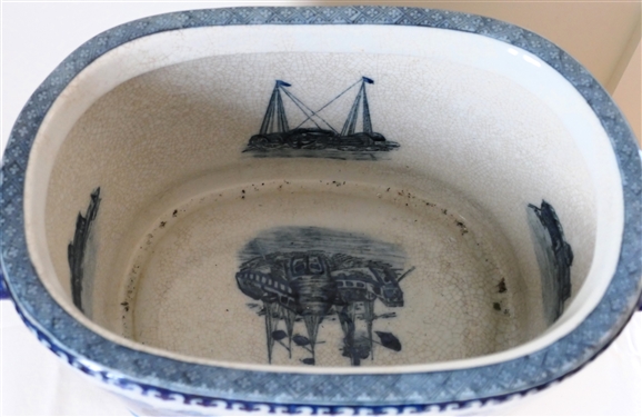 Blue and White Canton Harbor Scene Oblong Foot Bath Planter with Blue Sailing Ships Inside - Crackle Finish - Measures 8 tall 15 by 10 