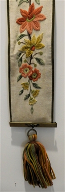 Hand Stitched Crewel Work Floral Bell Pull - Green Velvet Trim and Back - Brass Hardware - Pull Measures 46 - Back Has Begun to Separate in Some Places 