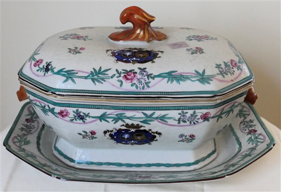 Contemporary Chinese Export Coat of Arms Tureen with Underplate - Figural Rabbit Handles - - Bamboo and Flower Trim - Tureen Measures 6 Tall 12 by 9 - Platter Measures 14 1/2 by 11 