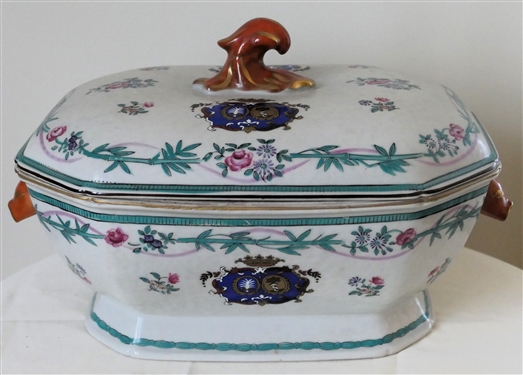 Contemporary Chinese Export Coat of Arms Tureen with Underplate - Figural Rabbit Handles - - Bamboo and Flower Trim - Tureen Measures 6 Tall 12 by 9 - Platter Measures 14 1/2 by 11 