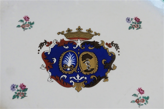 Contemporary Chinese Export Coat of Arms Tureen with Underplate - Figural Rabbit Handles - - Bamboo and Flower Trim - Tureen Measures 6 Tall 12 by 9 - Platter Measures 14 1/2 by 11 