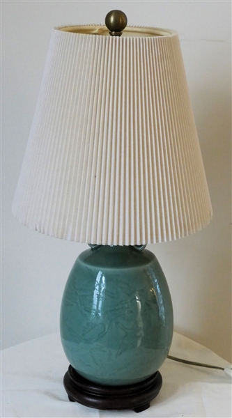Celadon Vase Style Table Lamp with Flying Cranes - Wood Base - Nice Pleated Shade - Lamp Measures 12" to Bulb 