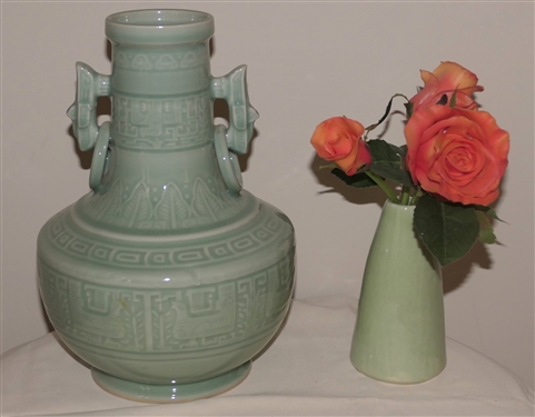 Contemporary Asian Celadon Decorator Vase wit Embossed Decoration and Light Mint Green Ceramic Vase with 3 Realistic Faux Roses - Celadon Vase Measures 11 1/2 Tall 