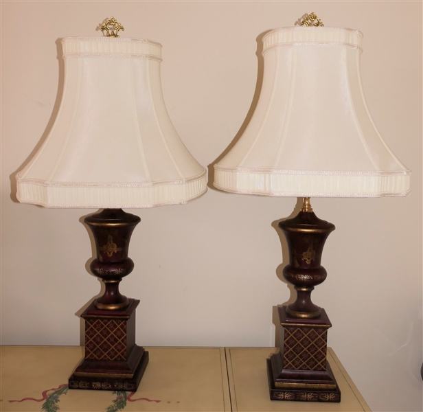 Contemporary Urn Style Metal Table Lamps - Red Antiqued Finish with Gold Asian Motif Decoration - Beautiful Shades With Ribbed and Corded Accents -  Lamps Measure 21" To Bulbs