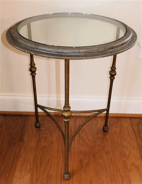 Round Metal Glass Top Table with Antiqued Finish - Table Measures 24" Tall 20" Across