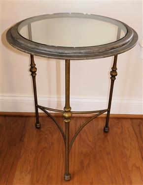Round Metal Glass Top Table with Antiqued Finish - Table Measures 24 Tall 20 Across