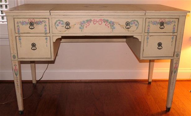 Fine John Widdicome - Grand Rapids -Vanity Table with Matching Chair - Beautifully Hand Painted with Leaf and Floral Swags and Pink Bows - Matching Painted Chair with Coordinating Upholstery -...