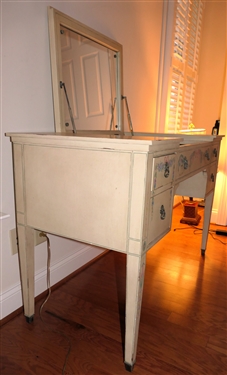 Fine John Widdicome - Grand Rapids -Vanity Table with Matching Chair - Beautifully Hand Painted with Leaf and Floral Swags and Pink Bows - Matching Painted Chair with Coordinating Upholstery -...