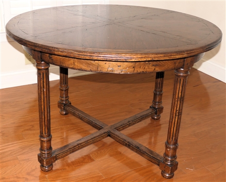 Round Oak Breakfast Table with Stretcher Base - Reeded Column Legs - Table Measures 29 tall 43 Across 