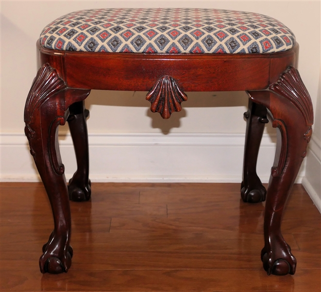 Baker Furniture Historic Charleston Reproductions  - Chippendale Style Stool -Carved Shell Legs and Shell Accent on Apron - Ball and Claw Feet - Blue and Mauve Upholstery -  Original Brass and...