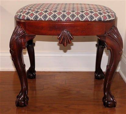 Baker Furniture Historic Charleston Reproductions  - Chippendale Style Stool -Carved Shell Legs and Shell Accent on Apron - Ball and Claw Feet - Blue and Mauve Upholstery -  Original Brass and...