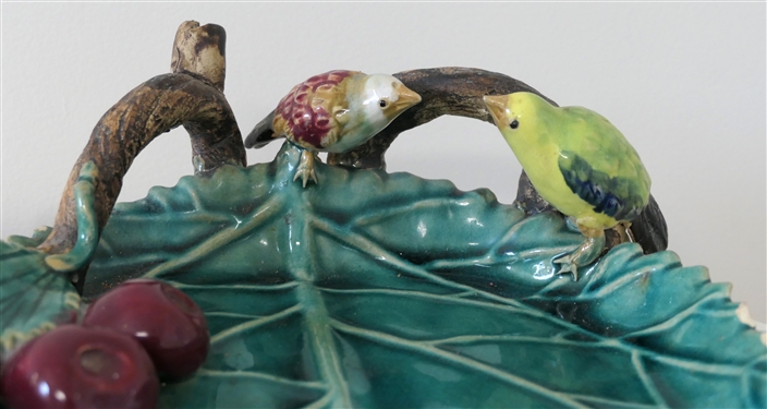 Heavy Art Pottery Leaf Dish with Birds and Berries Plus Puzzle - Measures 13 By 9 1/2 - Some Minor Glaze Flaking Around Scalloped Edges of Leaf 