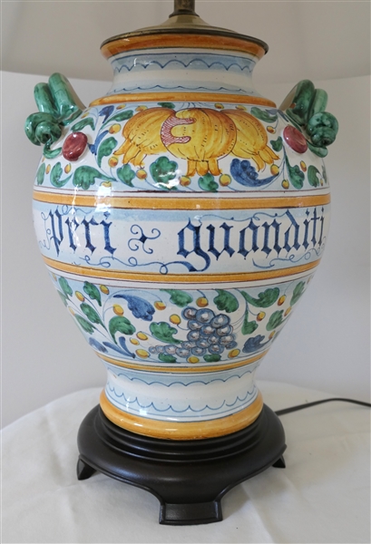 Beautiful Hand Painted Italian Art Pottery Vase Style Table Lamp  "Peri Guanditi" on Front - Wood Base - Nice Shade - Missing Finial - Lamp Measures 16" To Bulb