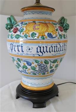 Beautiful Hand Painted Italian Art Pottery Vase Style Table Lamp  Peri Guanditi on Front - Wood Base - Nice Shade - Missing Finial - Lamp Measures 16 To Bulb