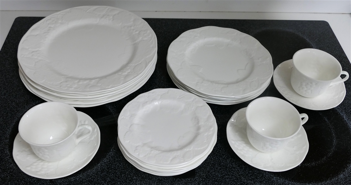 24 Pieces of Wedgwood "Strawberry and Vine" Bone China - 6 Dinner Plates, 5 Luncheon / Salad Plates, 6 Dessert / Bread Plates, and 3 Cup and Saucer Sets - 1 Additional Saucer Not Pictured 