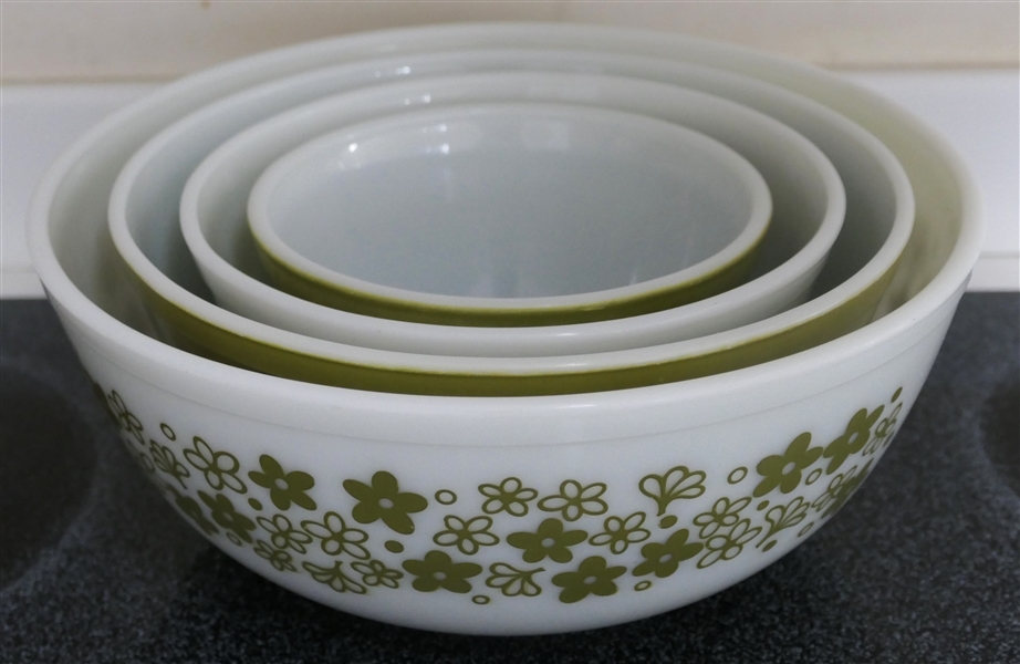 4 Piece Nesting Set of Avocado Green "Spring Blossom" Pyrex Mixing Bowls - Largest Measures 10 1/4" Smallest 5 3/4"