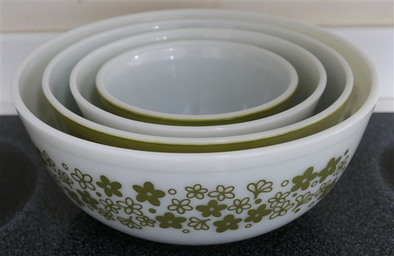 4 Piece Nesting Set of Avocado Green Spring Blossom Pyrex Mixing Bowls - Largest Measures 10 1/4 Smallest 5 3/4