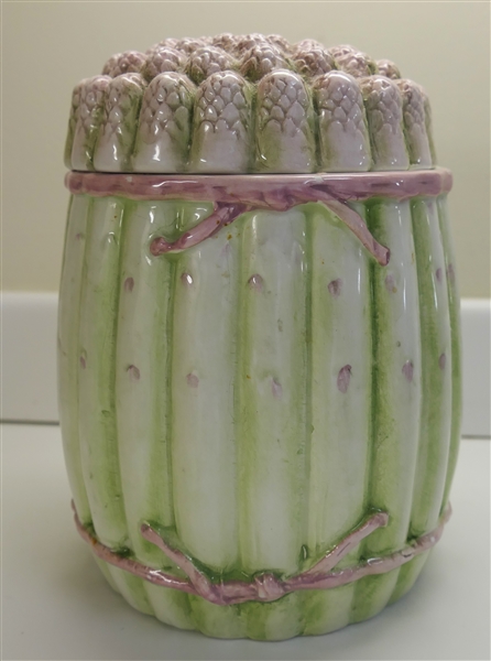 Italian Ceramic Asparagus Canister with Lid - Made in Italy #228 - Measures 7 1/2" Tall 5 1/2" Across - Some Minor Paint Flaking Around Top Rim 