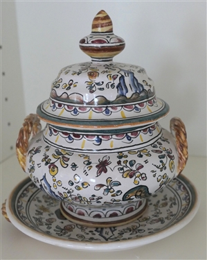 Hand Painted Portuguese Art Pottery Urn and Under Plate Berardo's Made in Portugal - Urn with Lid Measures 6 1/2 Tall  Underplate Measures 6 1/2 Across