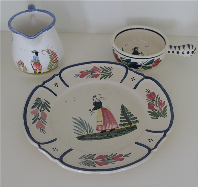 3 Pieces of Quimper Hand Painted French Pottery - 8 3/8" Plate, 3 1/2" Mug, and 4" Handled Bowl 