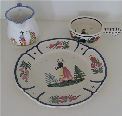 3 Pieces of Quimper Hand Painted French Pottery - 8 3/8 Plate, 3 1/2 Mug, and 4 Handled Bowl 
