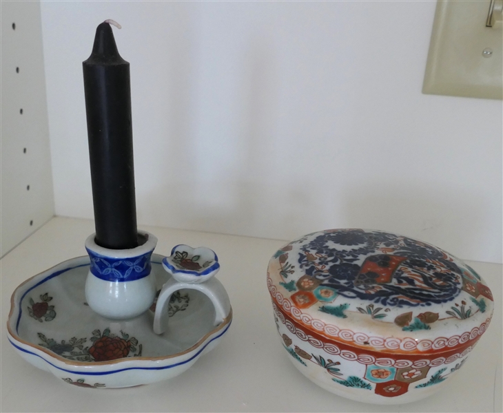 19th Century Japanese Export Dresser Jar with Lid and Contemporary Asian Candle Chamberstick - Dish Measures 2 1/2" Tall 5" Across - Some Chips Along Top Edge of Dish and Chip on Edge of Lid 