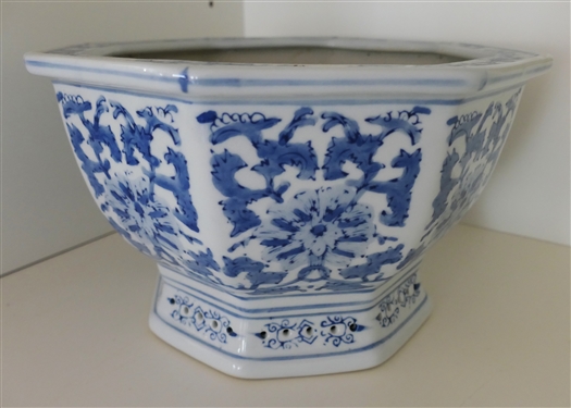 Blue and White Asian Octagon Shaped Footed Ceramic Planter - Measures 5 3/4 tall 9 1/2 Across
