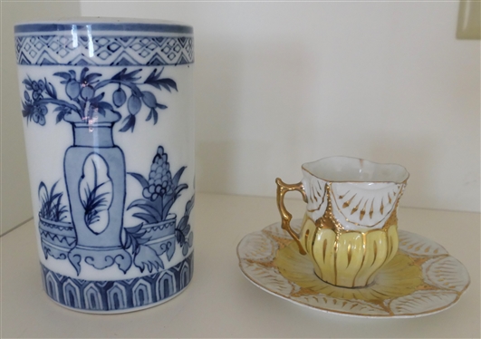 Delicate German Porcelain Demitasse Cup and Saucer Set and Blue and White Ceramic Vase - Vase Has Been Repaired 