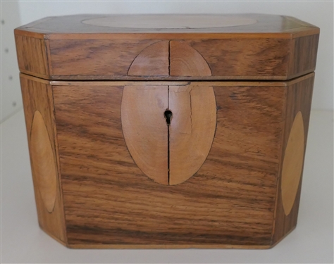 Pretty Multi Wood Inlaid Tea Caddy - Elongated Octagon Shaped Inlaid on Top and Front - Interior with 2 Divided Compartments with Wooden Lids - Box Measures 5 tall 7 by 4 1/2 
