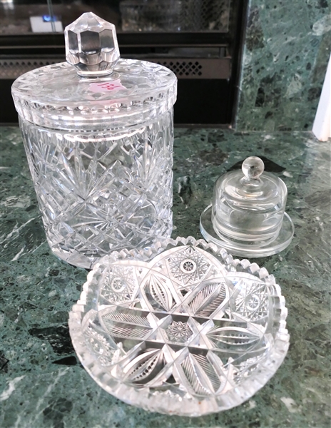 Lead Crystal Biscuit Jar with Lid, Small Crystal Dish with Dome Lid, and Cut Glass Low Bowl 