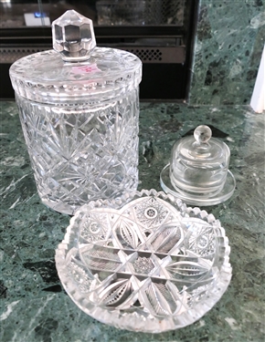 Lead Crystal Biscuit Jar with Lid, Small Crystal Dish with Dome Lid, and Cut Glass Low Bowl 