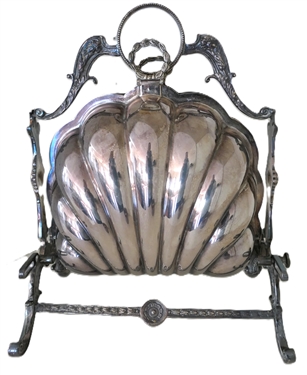 Fine Victorian Silverplate Biscuit Box Clam Shell Biscuit Server on Stand - Server Opens to Reveal Pierced Platforms to Hold Warm Biscuits - Stand Measures 10 Tall 8 Across