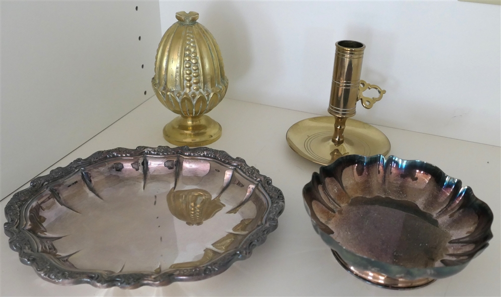 Baldwin Brass American Independence Commemorative Candle Stick, Heavy Brass Finial, Oneida Chippendale Style Silverplate Bowl and Countess Silverplate Dish - Candle Stick is 4 1/2" Tall 