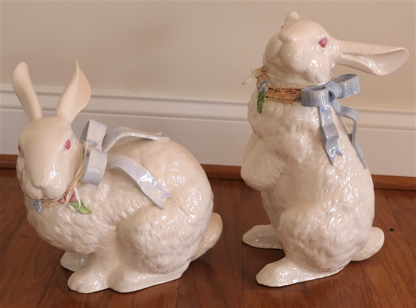 Pair of Ceramic Rabbit Statues Wearing Blue Bows - Standing Rabbit Measures 12" Tall 