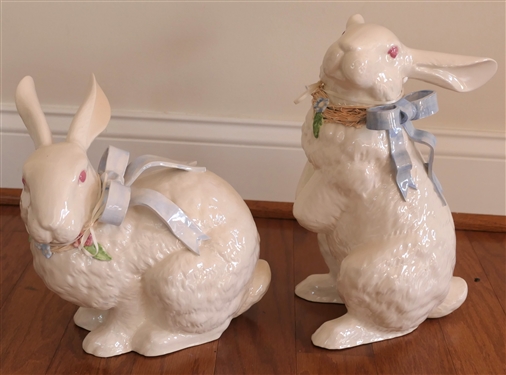 Pair of Ceramic Rabbit Statues Wearing Blue Bows - Standing Rabbit Measures 12 Tall 